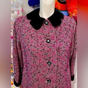 Vintage 1950s Fuchsia TWEED & VELVET COAT Anglo Fabrics Rhinestone Jacket Small